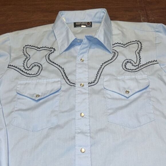 Retro Western Light Blue Shirt Black Embroidery Snap Buttons Front Pockets Size - Picture 2 of 9